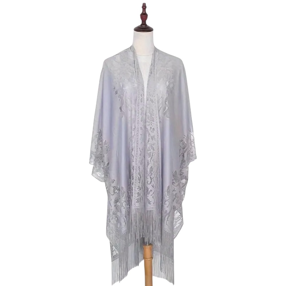 NWT AD 1pc Solid Color Lace Shawl Loose Thin Breathable Tassel Cardigan Grey OS